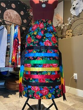 Floral Ribbon Skirt Indigenous made-A-Line Skirt - Black with Multicolor Florals